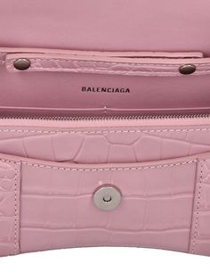 Height: 12cm Width: 20cm Depth: 5cm. Strap drop: 53cm. Detachable metal chain shoulder strap . Front flap with magnetic closure. Front metal logo detail. All over pattern placement may vary. One back pocket. One internal zip pocket. Six internal card slots Balenciaga Women, All Over Pattern, Wallet On Chain, Metal Logo, Powder Pink, Metallic Logo, Metal Chain, Magnetic Closure, Leather Wallet