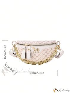 Bird in Bag - Geometric Pattern Chain Waist Bag Chic Rectangular Belt Bag With Chain Strap, Trendy Beige Bags With Metal Hardware, Elegant Rectangular Belt Bag With Zipper Closure, Trendy Beige Shoulder Bag With Gold Chain, Elegant Gold Bag With Chain Print, Chic Crossbody Belt Bag With Chain Strap, Trendy Belt Bag With Chain Strap, Trendy Beige Bag With Gold Chain, Chic Rectangular Bag With Chain Print