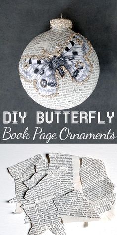 an ornament made out of book pages is shown with the words diy butterfly on it