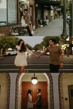 two people standing in front of a building and one holding the hand of another person