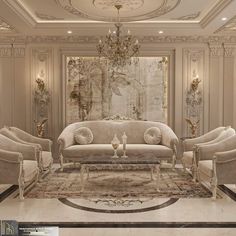 an elegant living room with white furniture and chandelier