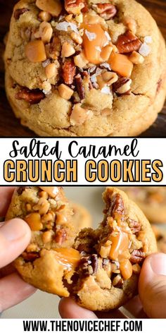 two pictures with the words salted caramel crunch cookies on top and in the middle