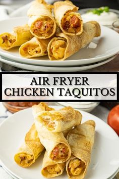 air fryer chicken taquitass on white plates with tomatoes in the background