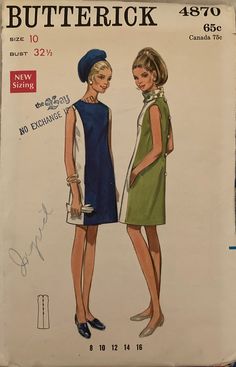 1970s sewing pattern: Semi-fitted slim, sleeveless dress with princess seaming, has round neckline and back button-loop closing. Contrast front panel and pockets in side front seams. Scarf not included. Miss size 10:  bust 32-1/2", waist 24", Hips 34-1/2".  Butterick pattern #4870 from the late 1960s. Complete, cut pattern in great condition. U.S. BUYERS PLEASE NOTE:  this item is shipping from CANADA, so delivery time may take a little longer than usual.  Shipping rates quoted are for US regula Late 1960s Fashion, 1970s Sewing Patterns, 1960 Fashion, Butterick Pattern, Late 1960s, Dress Princess, 1960s Fashion, Sleeveless Mini Dress, Vintage Sewing Patterns