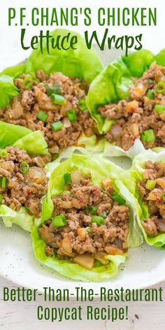 lettuce wraps filled with meat and vegetables on a white plate, text reads p f chang's chicken lettuce wraps better than the restaurant copycat recipe