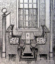 a drawing of a living room with chairs and a table in front of a window