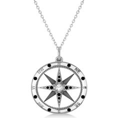 Compass Pendant Black & White Diamond Accented 14k White Gold 0.19ct - AD2728 Luxury Silver Jewelry With Compass Design, Luxury Silver Compass Design Jewelry, White Gold Necklace With Black Enamel, White Gold Compass Medallion Jewelry, White Gold Compass Design Medallion Jewelry, Black Compass Design Jewelry, Black Diamonds Sterling Silver Jewelry, White Gold Medallion Necklace With Compass Design, Luxury Sterling Silver Jewelry With Compass Design