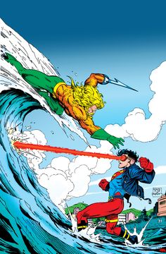 two superheros are surfing in the ocean