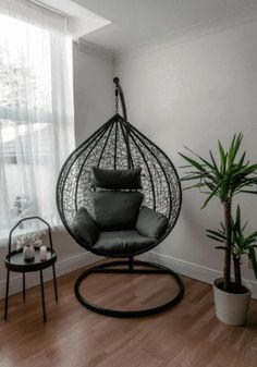 a living room with a hanging chair and potted plants on the wooden flooring