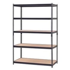 four tier shelving unit with wood shelves on each side and black metal brackets at the bottom