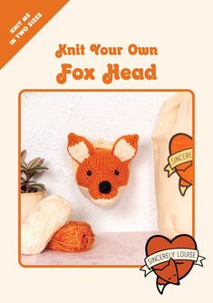 knit your own fox head in orange and white with text that reads knit your own fox head