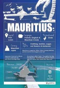 the poster for maurituus is shown in white and blue colors, along with information about what it's like to eat