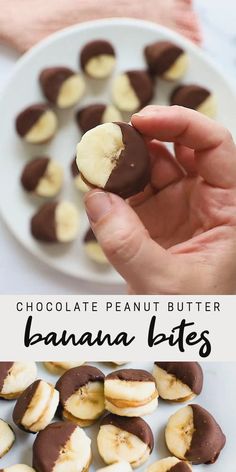 chocolate peanut butter banana bites on a white plate with text overlay that reads, chocolate peanut butter bananas