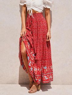 Olivia Mark - High Waist Lace Up Skirts for Women's Summer Fashion Lace Up Skirts, Vintage Chic Fashion, Up Skirts, Beach Bohemian, Bohemian Skirt, Maxi Skirt Boho, Red Floral Print, Boho Maxi, Maxi Skirts