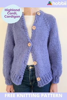 a woman wearing a purple cardigan sweater with buttons on the front and back, in front