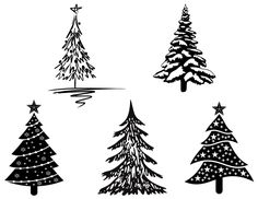 four christmas trees with snow on them and stars in the top right hand corner, black and white