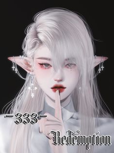 an animated image of a woman with white hair and elf ears holding her finger up to her mouth