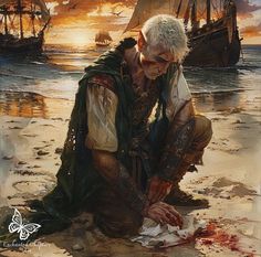 a painting of a man sitting on the ground next to a ship in the ocean