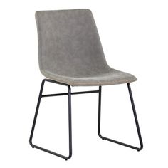 a grey chair with black metal legs and a seat cushion on the back, in front of a white background