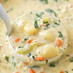 a ladle full of soup with broccoli and carrots