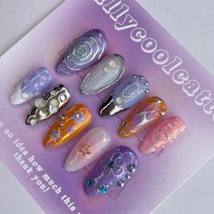 Aura Nails Purple, Purple Nails Aura, Purple Orange Aura Nails, Dark Purple Aura Nails, Groovy Purple Nails, Hippie Nails, Punk Nails