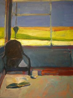 a painting of a chair in front of a window with an open book on the table