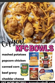 a bowl filled with meat and cheese covered in gravy next to potato chips