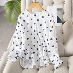 Women's Chiffon Shirt Polka Dot Print Lantern Sleeve Chiffon Shirt Long Sleeve Polka Dot Blouse For Summer, Casual Long Sleeve Chiffon Blouse, Casual Polka Dot Blouse For Spring, White Casual Chiffon Top, Casual White Chiffon Top, White Chiffon Casual Tops, Casual Chiffon Shirt For Summer, Casual Long Sleeve Chiffon Tops, Casual Chiffon Summer Shirt