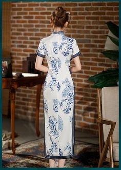 This Qipao/Cheongsam dress has a white base with intricate blue floral and fan patterns, giving it an elegant and timeless look. The hemline falls below the knees, offering a modest yet stylish appearance. The dress is perfect for formal occasions or cultural events, combining traditional elements with modern fashion. Size Guide: Please refer to the size guide picture before placing the order. Please leave your Height, Weight, Bust, Waist and Hip measurements in the Personalisation box so we cou Blue Cheongsam, Qipao Pattern, Red Qipao, Modern Qipao, Qipao Cheongsam, Qipao Dress, Ankle Length Dress, Cheongsam Dress, Clean Cotton