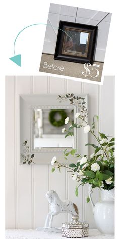 the before and after shots of a white painted room with flowers in vases on table