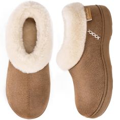 PRICES MAY VARY. SUPER COZY: Fluffy faux plush shearling from lining to collar wraps your ankle and entire feet from heel to toe for more warmth to conquer cold in this winter CHIC & CLASSIC: Seamed craft and handmade thread decor give this pair of house shoes a delicate and elegant appearance. With its thick faux leather upper, you will feel warm and comfy whether in socks or bare foot VERSATILE OUTSOLE: The slipper bottom is protected by a rubber outsole so you can step indoors and outdoors wi Cute Slippers, Winter Slippers, Winter Chic, Suede Slippers, House Shoes, Faux Fur Collar, Outdoor Shoes, Fur Collar, Fur Collars