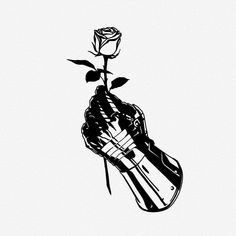 a black and white drawing of a bottle with a rose in it's hand