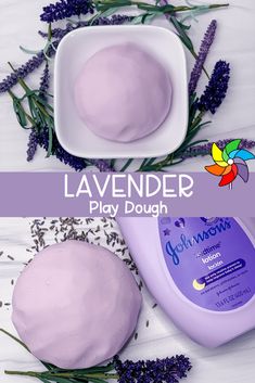 lavender play dough in a white bowl next to lavender flowers