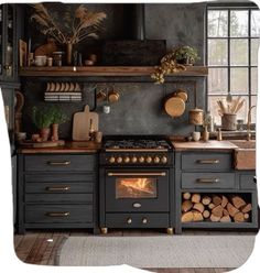 a kitchen with an oven, counter top and shelves filled with wood logs in it