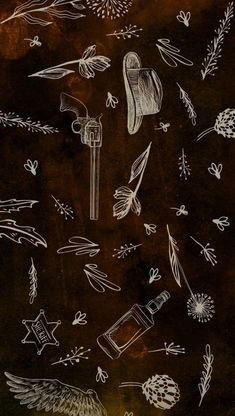 an image of various items drawn on a blackboard with white chalk and inks