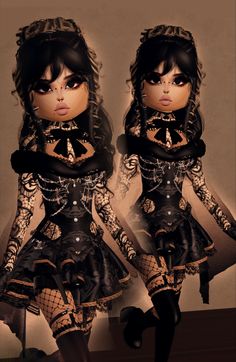 two dolls are dressed in black and brown clothing, one is wearing an elaborate dress