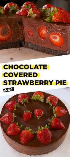 a chocolate covered strawberry pie on a table