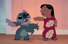 lili and stitch pointing at each other in front of a pink wall with curtains