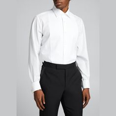 Bergdorf Goodman tuxedo shirt in solid piqu. Spread collar; button placket. Textured bib front. Yoked back shoulders. Shirttail hem. Cotton. Made in Italy.