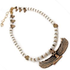 Egyptian Goddess Isis Spiritual Necklace Jewelry reflects the wearer's personality, style and outlook to life. The jewelry we wear should be meaningful and have a unique and positive vibe. Zen energy while adding a stylish and unique touch to your style with this necklace. Isis is the Egyptian Goddess of Healing and Magic. She is also called the Queen of the Throne, and is believed to be a fierce protector of women and control the power of fate itself. Goddess Isis helps you communicate with you Bronze Jewelry With Wooden Beads For Gift, Symbolic White Jewelry With Round Beads, Symbolic White Round Bead Jewelry, Bronze Necklace With Polished Beads As Gift, White Beaded Amulet Necklace, Symbolic White Beaded Jewelry, Symbolic Round Bead Adjustable Necklaces, Unique Wooden Beads Jewelry For Meditation, Handmade Symbolic White Necklace