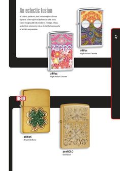 the different types of lighters are shown in this brochure, including one with four