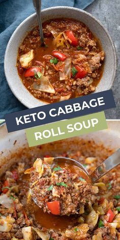 keto cabbage roll soup in a bowl with spoon