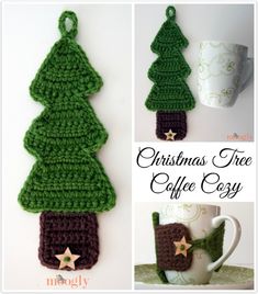 crocheted christmas tree ornament and coffee cup cozy