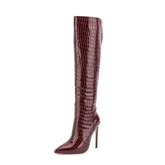 Shop Women's Burgundy Croc Patent Leather Pointed Toe Stilettos Knee High Boots color Burgundy for Anniversary, Going out, Hanging out with worldwide Free shipping & Free return. Burgundy Crocodile Boots, Red Crocodile Boots, Fitted Ankle Strap Boots For Fall, High Heel Burgundy Party Boots, Burgundy Heeled Boots For Party In Fall, Burgundy Heeled Boots For Fall Party, Fall Burgundy Heeled Boots For Party, Chic Fitted Burgundy Boots, Fall Party Burgundy Heeled Boots