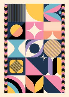 an art print with geometric shapes and lines in pink, blue, yellow and black