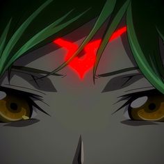 an anime character with green hair and red eyeliners looking at something in the distance