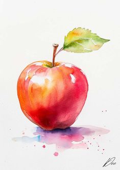 an apple painted with watercolors on a white background, it has a green leaf sticking out of the top