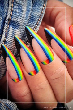 rainbow nails with black Pansexual Nails Designs, Rainbow And Black Nails, Trans Flag Nails, Neon Gel Nails Short, Lines Nail Designs, Black Rainbow Nails, Pansexual Pride Nails, Neon And Black Nails