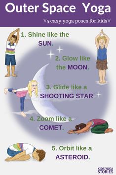 the outer space yoga poster is shown with instructions for each child's body and shoulders