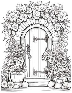 a drawing of a door with flowers and potted plants around it, in black and white